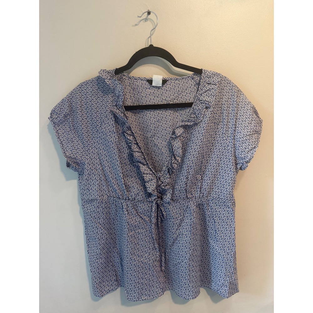 J. Crew Womens Blue White Geometric Print Ruffle V-Neck Empire Waist Blouse 14